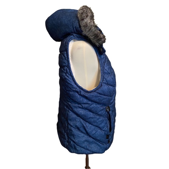 Green Tea Faux Fur Hood Blue Fleece Puffer Coat Vest - Size XL - Picture 2 of 6